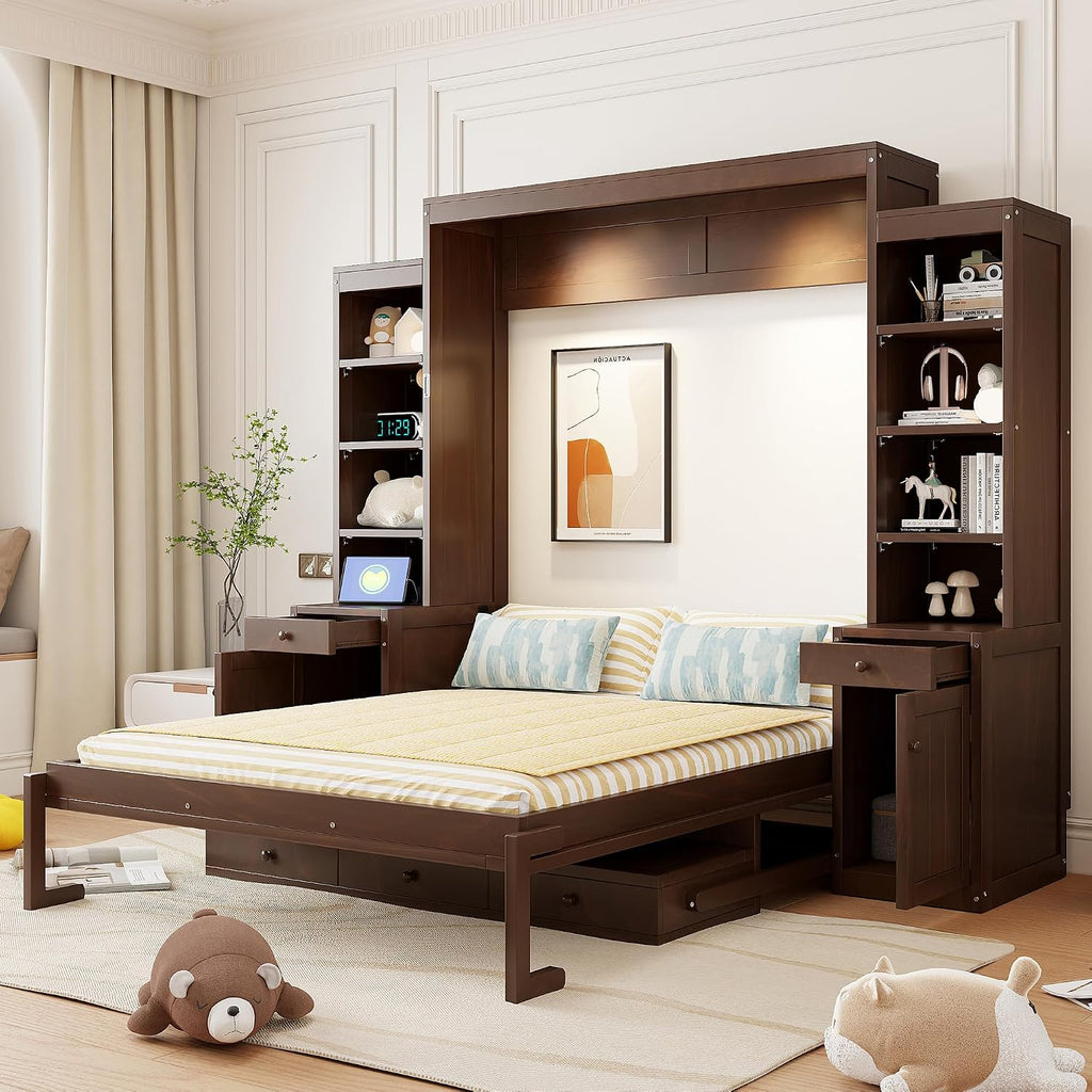 Queen Murphy Bed with Desk and LED Lights, Power Outlet, Foldable Murphy Cabinet Bed with Open Storage Shelves &