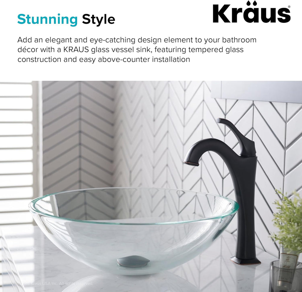Round Crystal Clear Glass Vessel Bathroom Sink, 16 1/2 inch GV-100