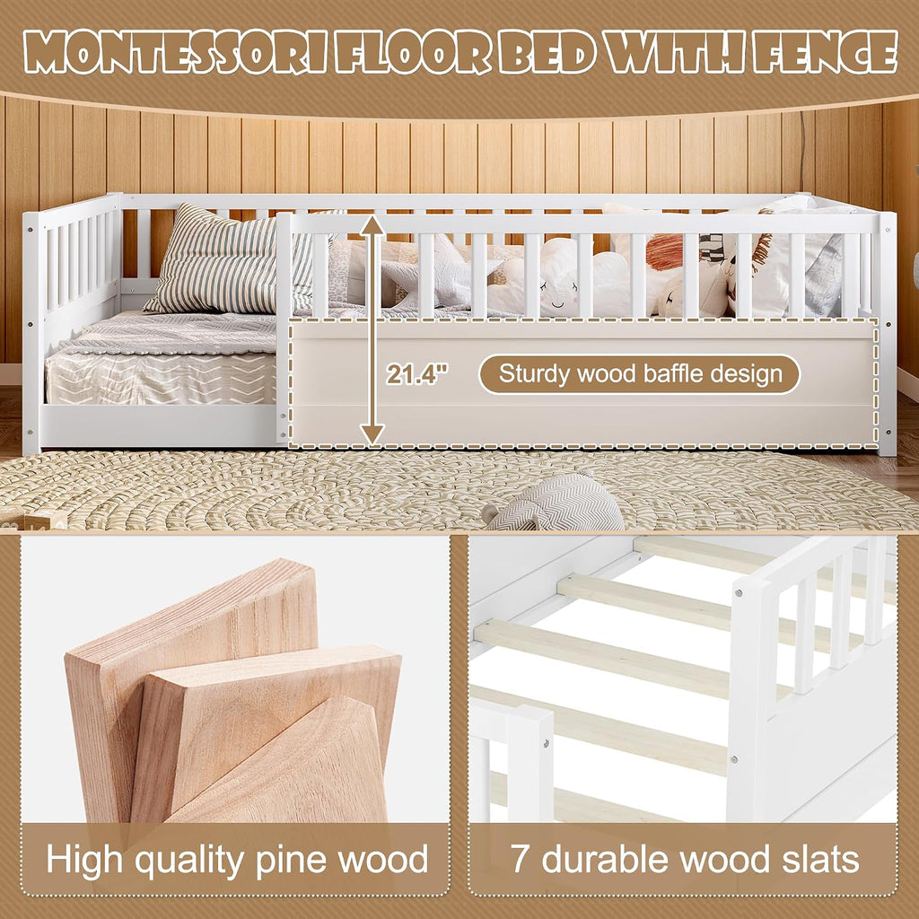 Twin Size Montessori Floor Bed with High Rails, High Rails Floor Bed with Slats and Fence, Easy Assemble Montessori