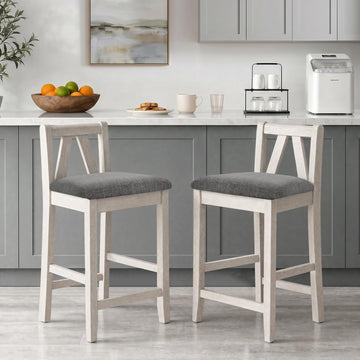 Counter Height Bar Stools Set of 2, 25" Solid Wood Barstools with Upholstered Cushioned Seat, Farmhouse High Top