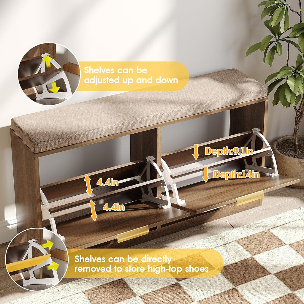 Rattan Entryway Bench with Seat Cushion & Coat Rack, Shoe Storage Cabinet with 2 Flip Drawers, Narrow Shoe Rack, 5