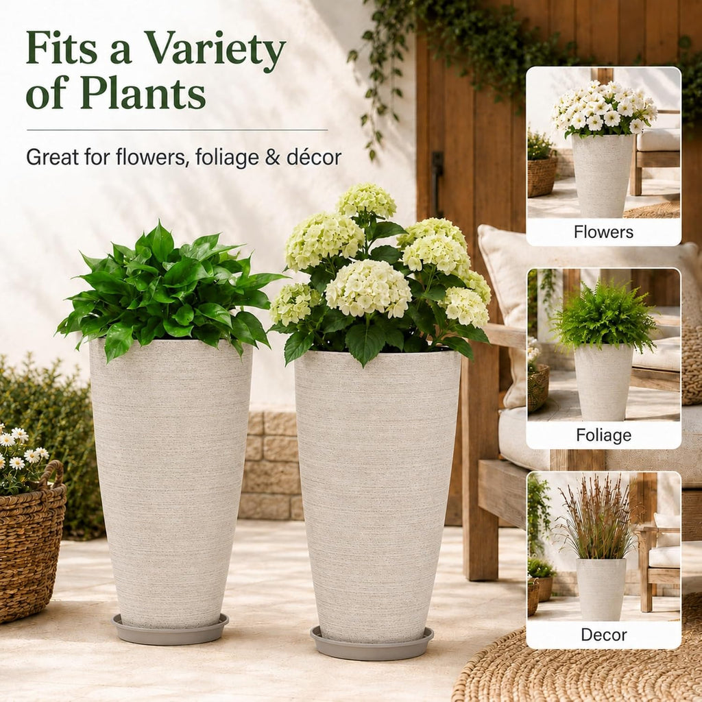 Set of 2 Tall Planter, 21 inch Large Planter, Oat Color | Ceramic-Look, Lightweight, Built-in Drain Hole, Saucers
