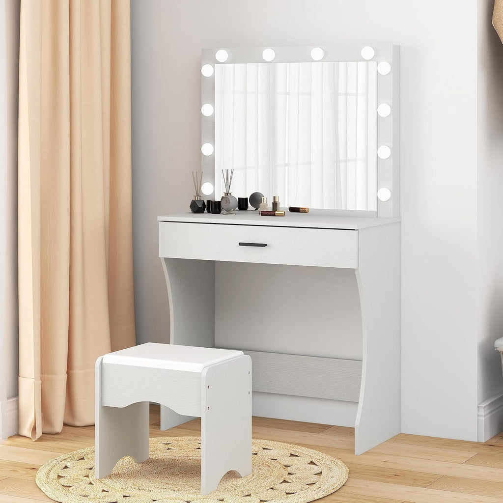 Vanity Desk with Mirror and Adjustable Lights, One Drawer Storage Makeup Table with Stool - Vanity Set (White)