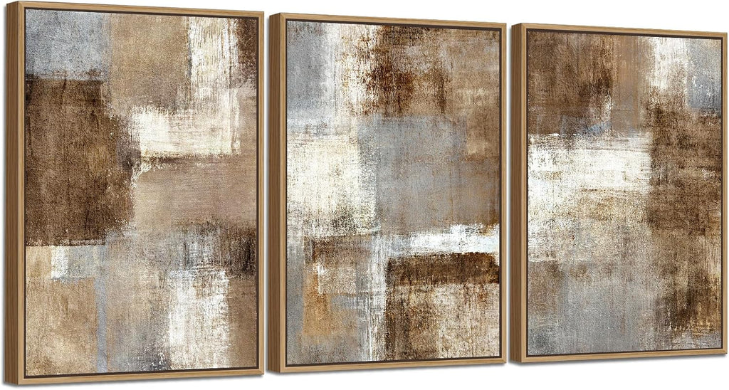 Large Abstract Framed Wall Art - Natural Float Framed Canvas Pictures Wall Art Prints Decor Rustic Artwork Brown