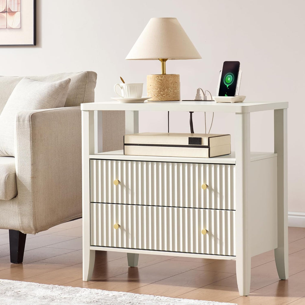 Fluted Nightstand with Charging Station Set of 2, 27.3" Wide Modern Bedside Table with 2 Drawers & Open Shelf, Large
