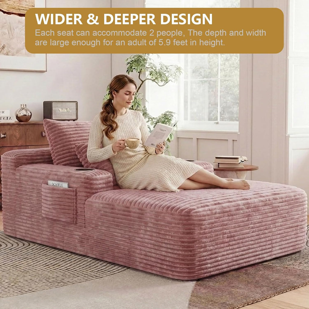 65" Oversized Chaise Lounge Chair Indoor, Boneless Chaise Lounge Chair with Cup Holders Side Pockets 3 Pillows, Cloud