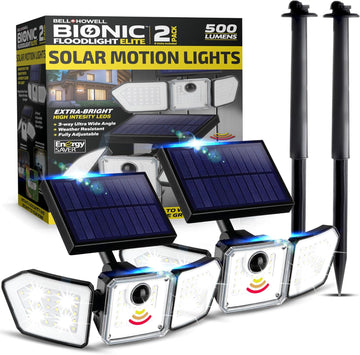 2 Pk Bionic Solar Flood Lights Outdoor Motion Sensor | 500 Lumens, Wireless, Waterproof Security Lights for Outside