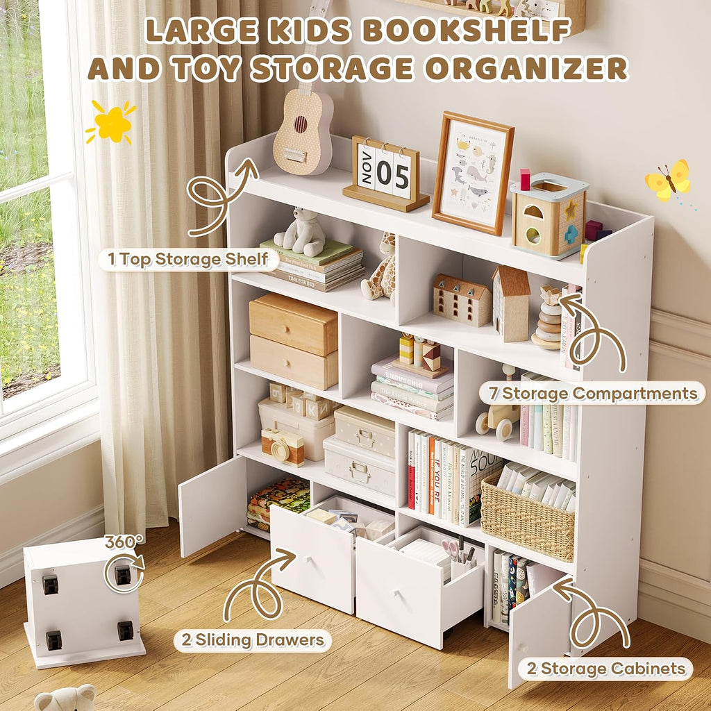 Large Toy Storage Organizer and Kids Bookshelf with 7 Cubes, 2 Sliding Drawers, 2 Magnetic Cabinets, Toy Organizers