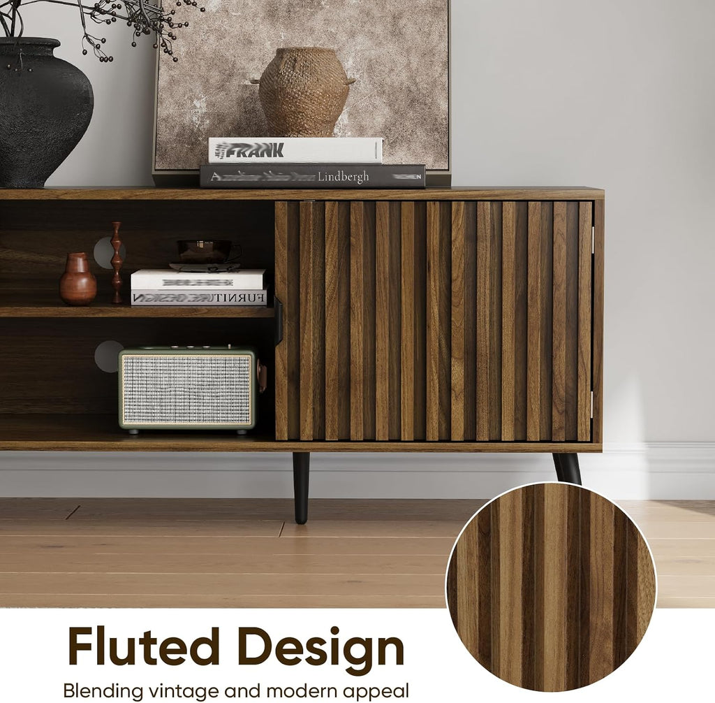 63-Inch TV Stand for TVs up to 70 Inch, Mid-Century Modern Television Stand, Entertainment Center with Fluted Doors