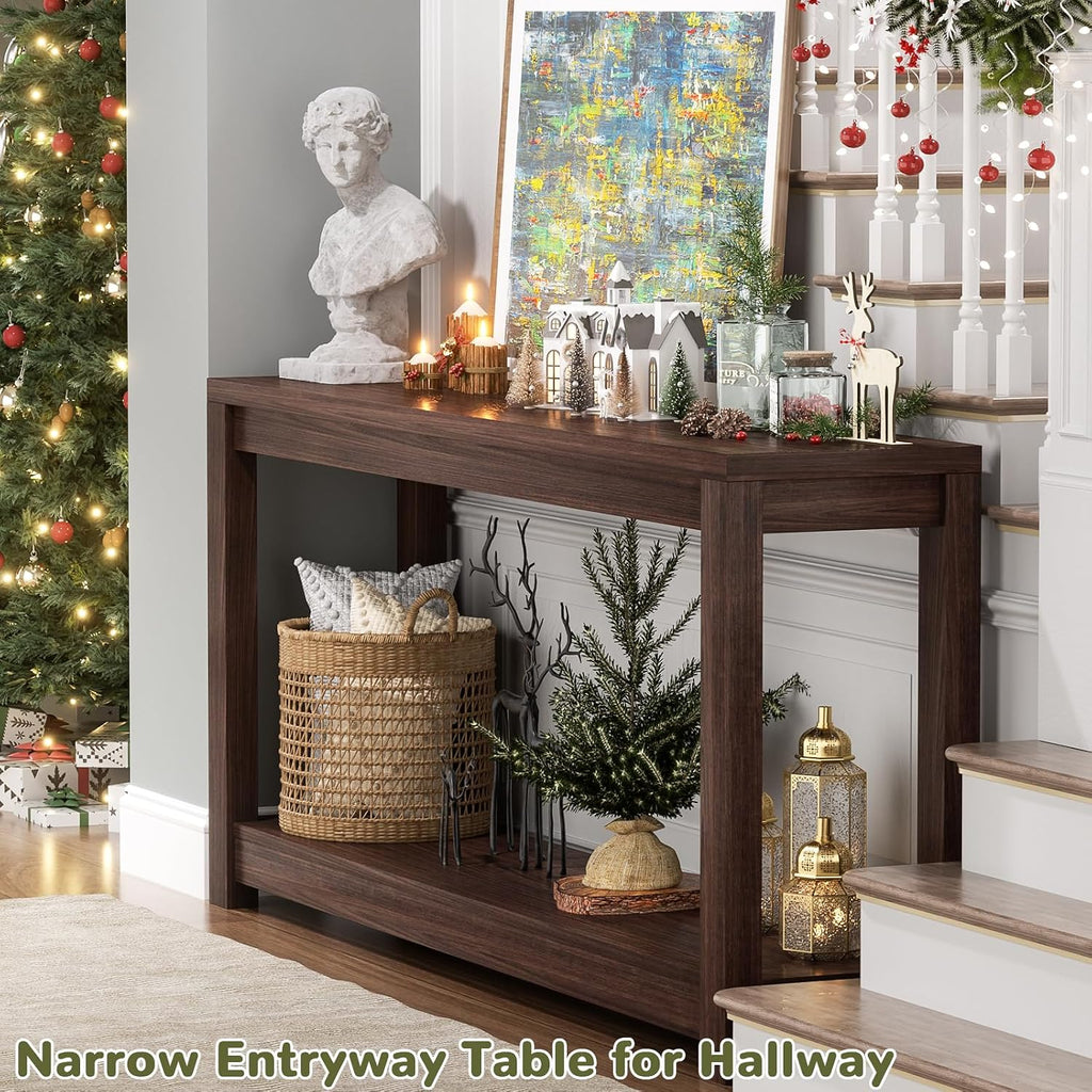47" Farmhouse Wood Entryway Table Narrow Console Table with Storage Behind Couch Sofa Table with Shelves Entry Way