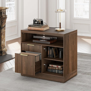 2 Drawer File Cabinet with Lock, Filing Cabinet | Wood Fluted Lateral File Cabinet for Letter/A4 Size, Print Stand