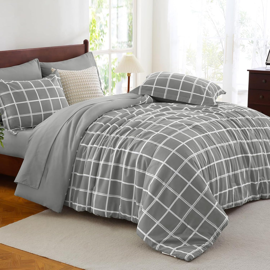 Queen Comforter Set with Sheets - 7 Pieces Plaid Bed in a Bag Set Grey