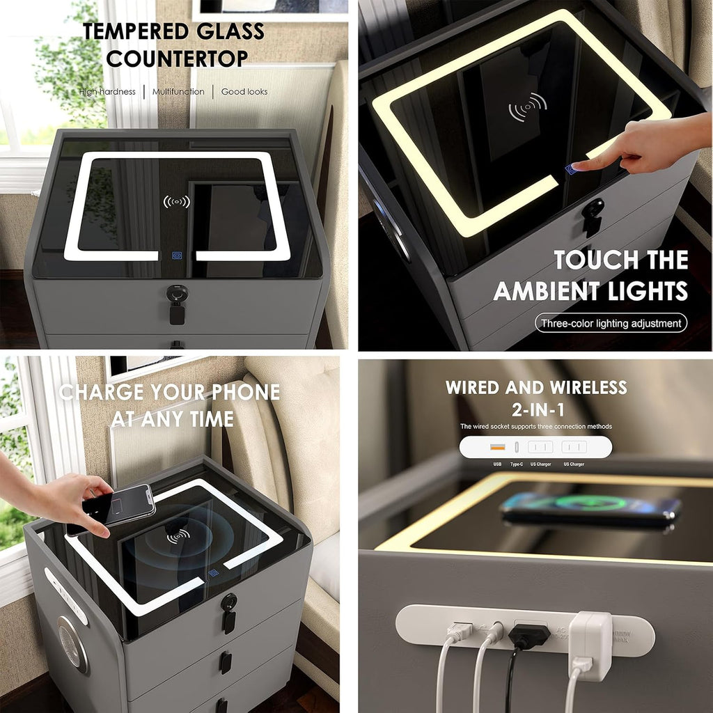 Smart Nightstand with Fingerprint Lock Drawer, Nightstand with Wireless Charging, Night Stand with Charging Station,2