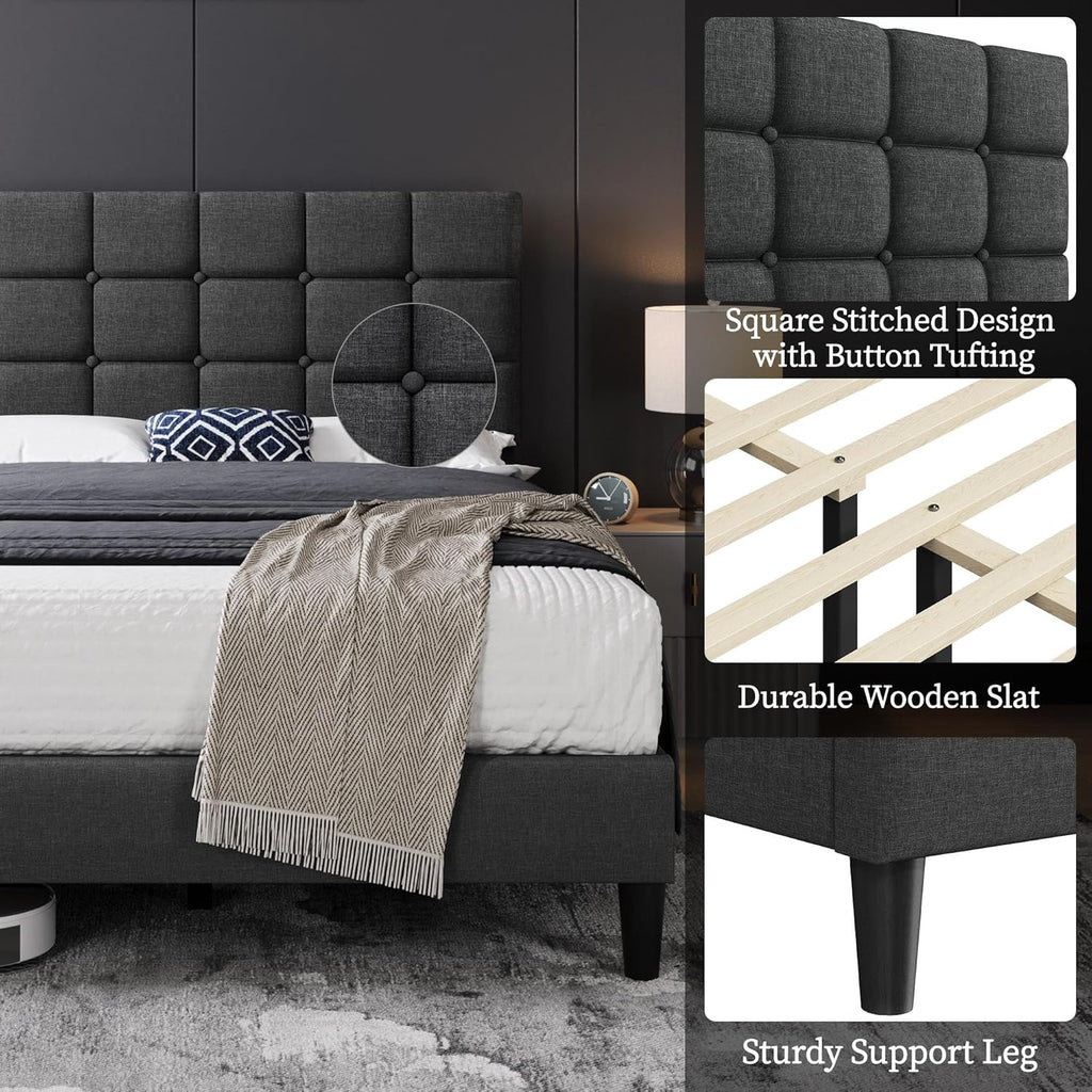 Upholstered Bed Frame, Modern Full Bed Platform with Square Stitched&Button Tufting Headboard Height Adjustable
