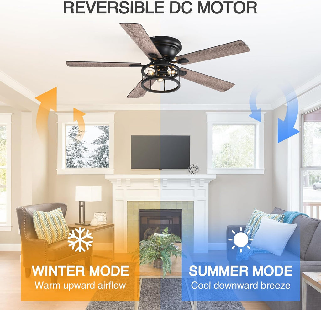 52 Inch Flush Mount Farmhouse Rustic Ceiling Fan with Light and Remote, Reversible AC Motor, 5 Dual Finish Blades