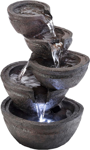 13" Indoor Tabletop Tiering Bowls Water Fountain with LED Lights - Cascading Water Feature, Meditation, Relaxation