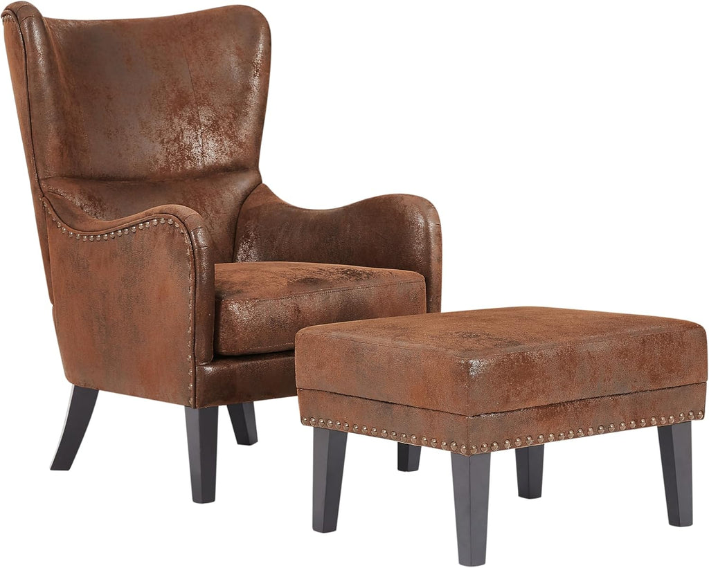 Modern Wingback Club Chair and Ottoman — Brown Suede
