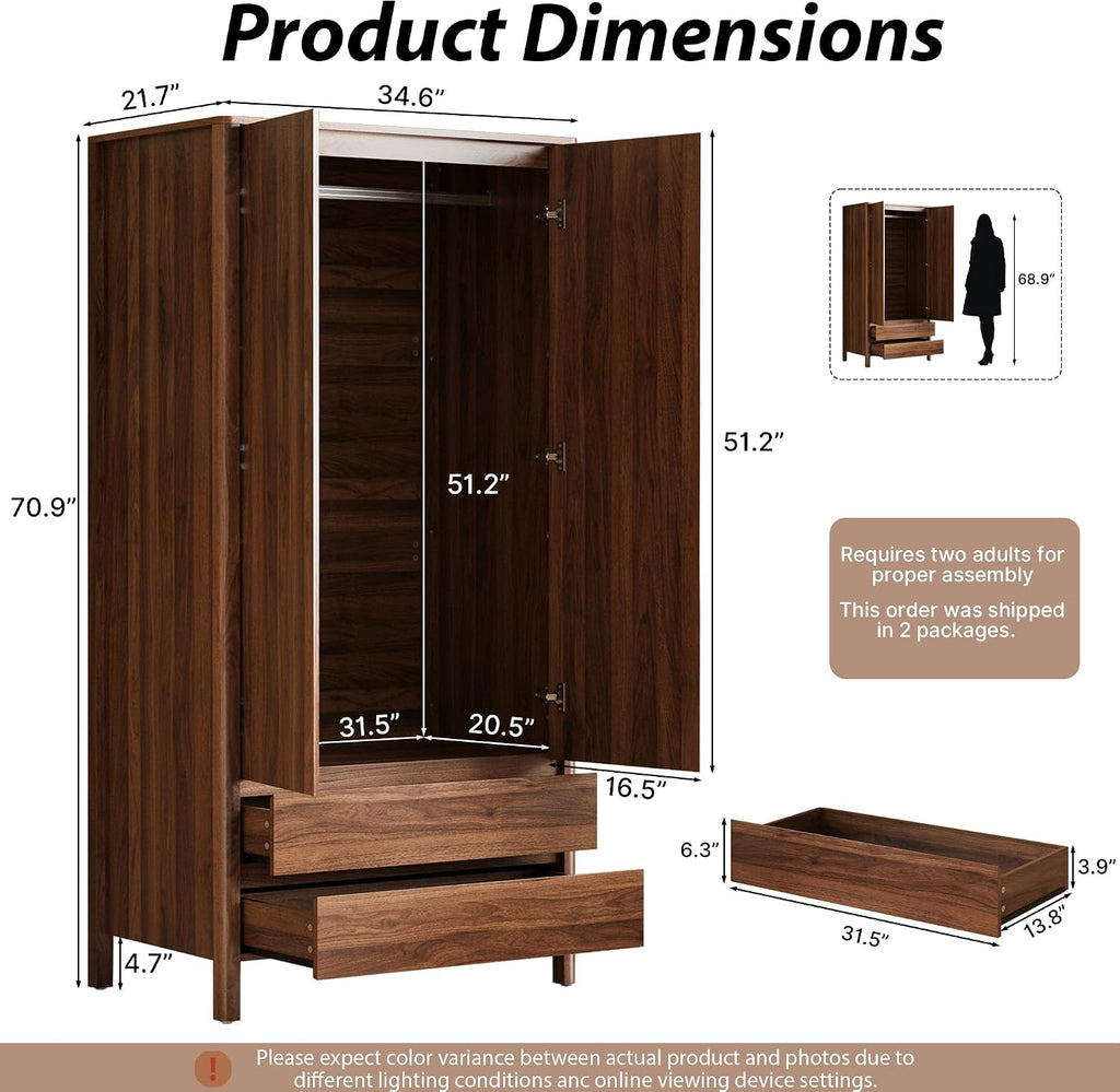 Wardrobe with 2 Doors and 2 Drawers, 70.9"H Modern Walnut Bedroom Armoire Closet with Hidden Handles, Freestanding