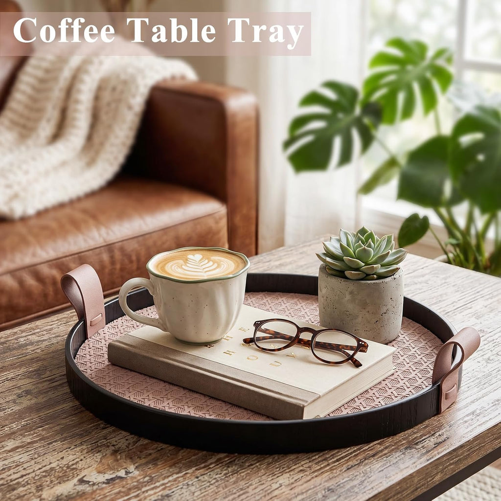 12 Inch Round Ottoman Tray, Woven Leather Serving Platter with Handles, Decorative Tray for Coffee Table Centerpiece