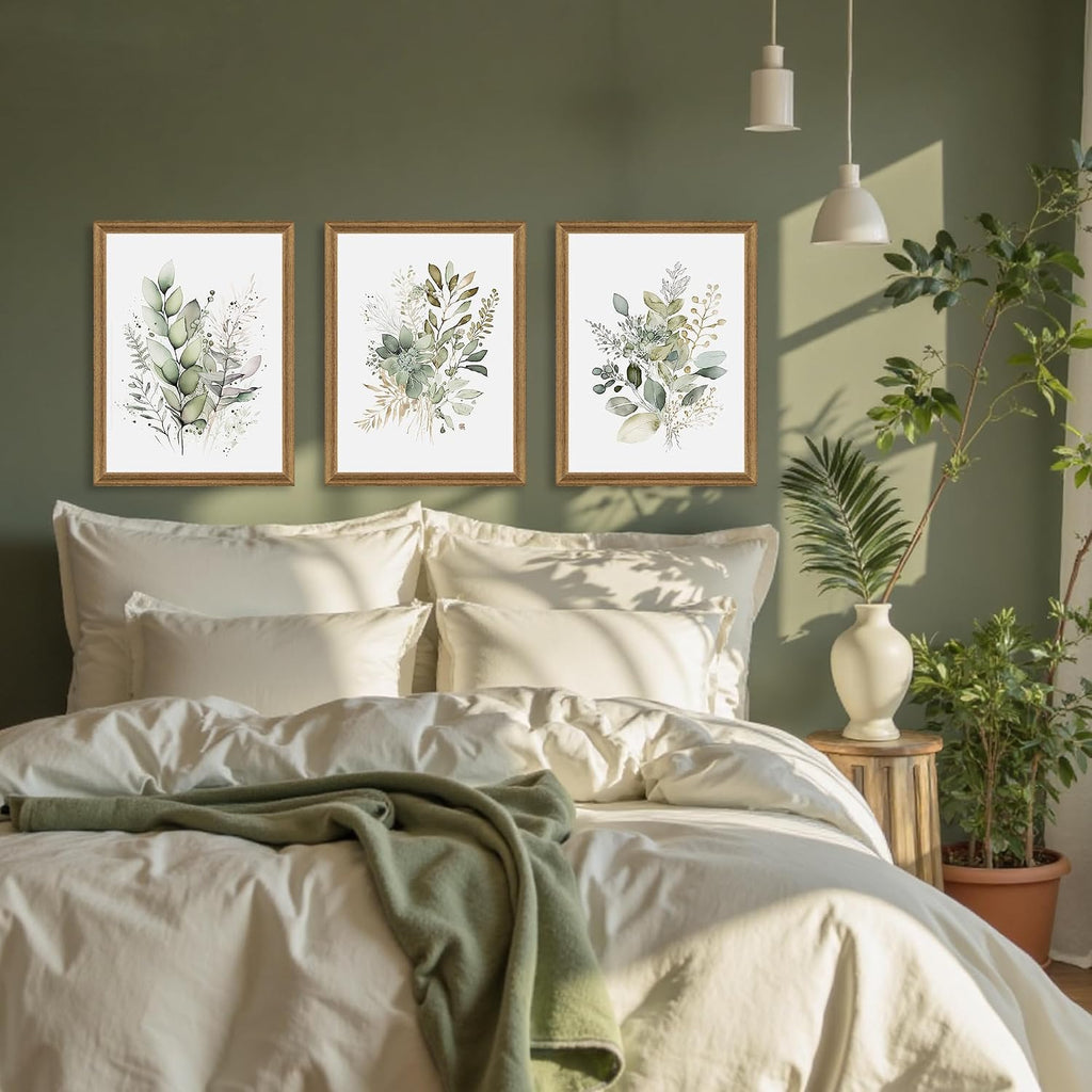 Framed Sage Green Botanical Wall Art Set of 3, Watercolor Eucalyptus & Wild Plant Canvas Prints, Minimalist Green