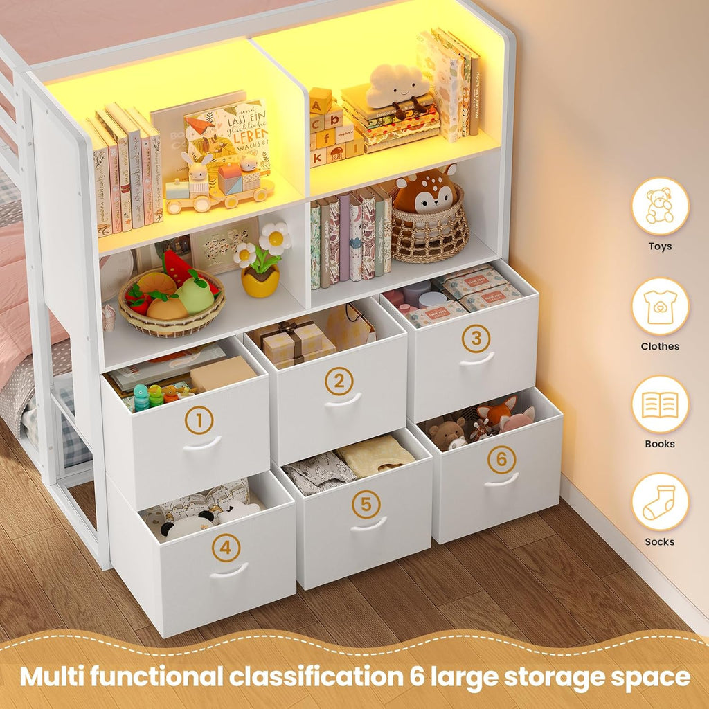 Bunk Bed Twin Over Twin with 6 Large Fabric Drawers & 4 Wooden Storage Bookshelf Organizer