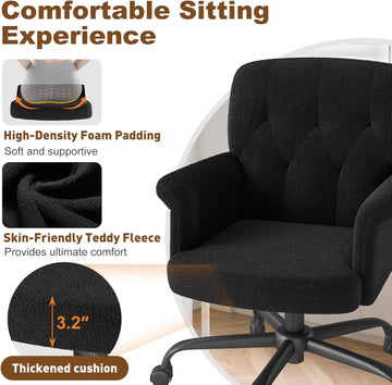 Comfy Home Office Desk Chair, Upholstered Fuzzy Vanity Chair with Wheels and Arms, Modern Adjustable Swivel Computer