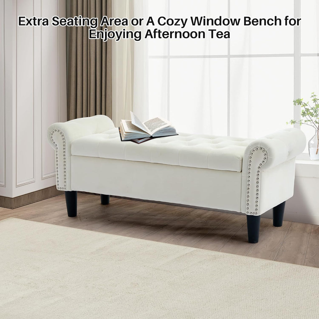 50" Storage Bench , Velvet Upholstered, Beige | End of Bedroom Bed Bench Ottoman with Tufted Cushioned Rolled Arm