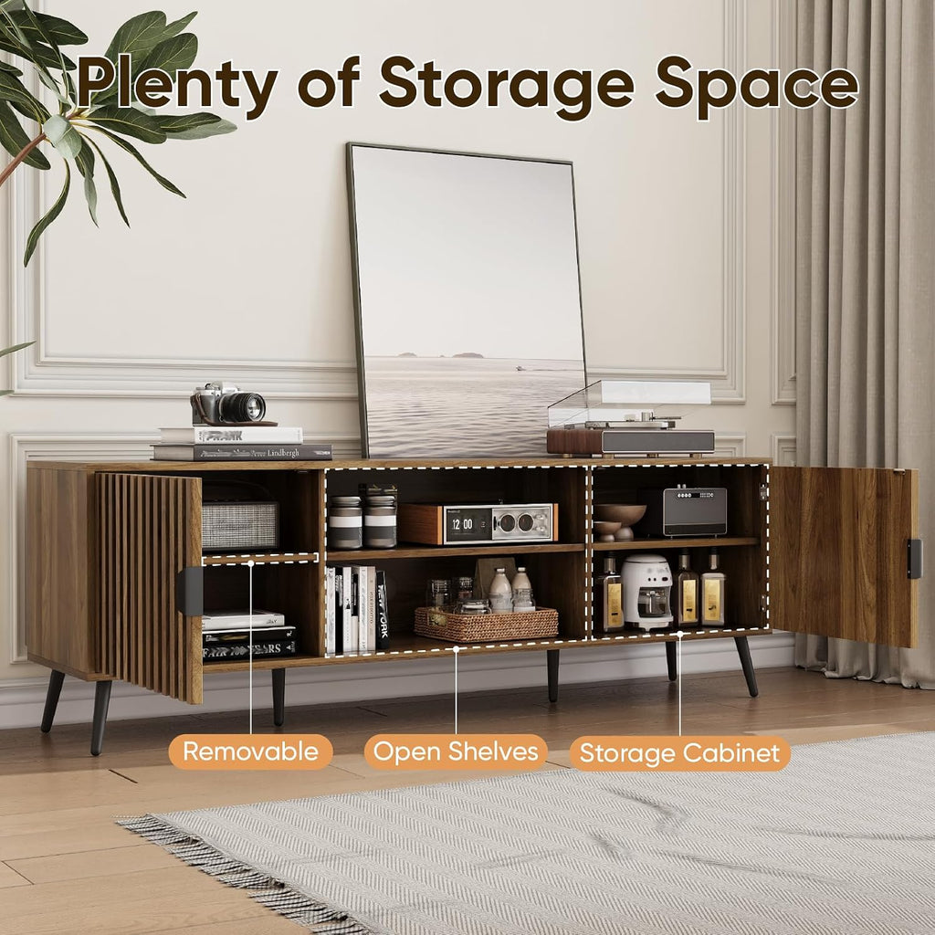 63-Inch TV Stand for TVs up to 70 Inch, Mid-Century Modern Television Stand, Entertainment Center with Fluted Doors