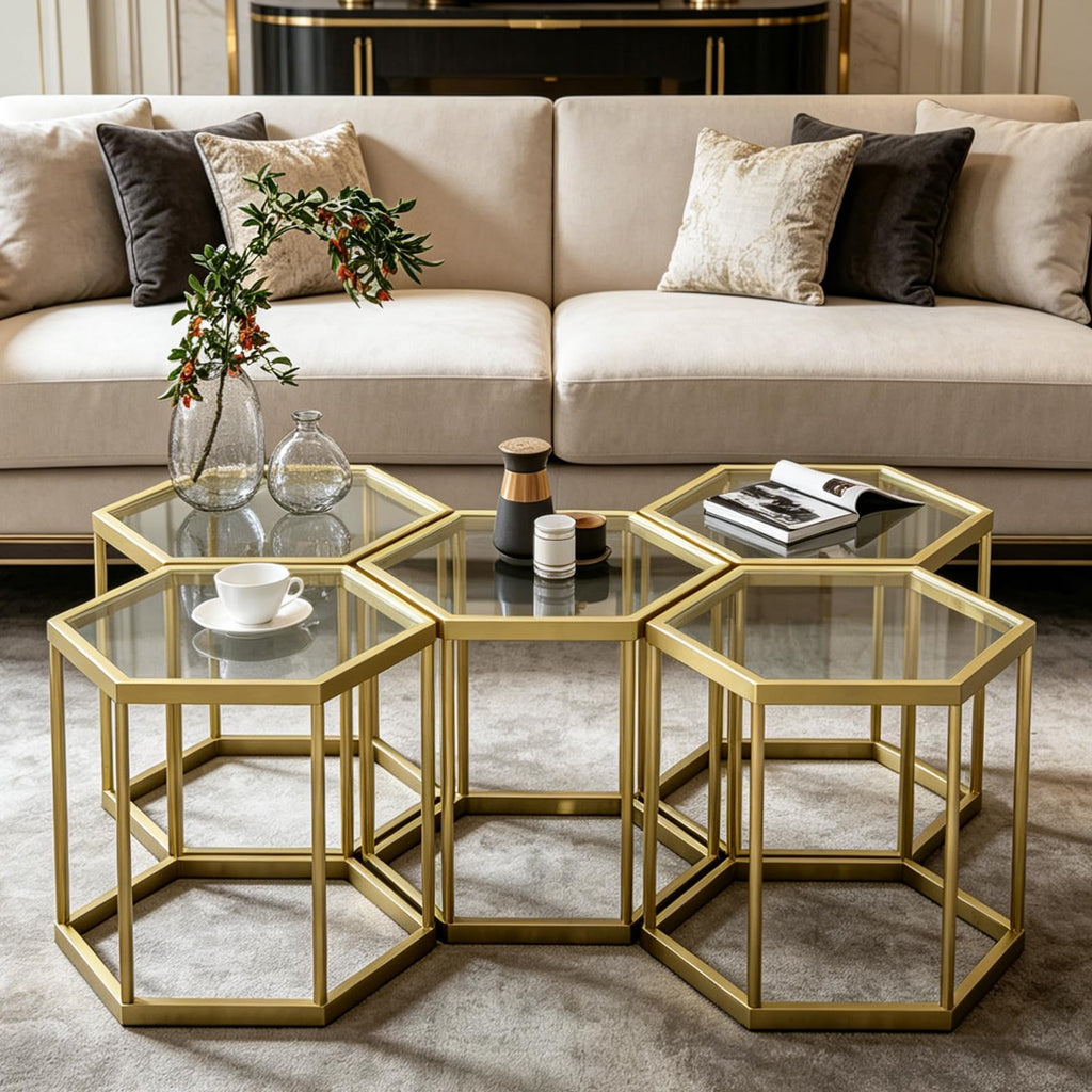 Hexagonal Modular Coffee, Gold Plated Frame, Tempered Glass Top, Geometric Accent Side, Multi-Purpose Nesting