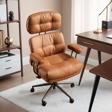 Mid-Century Modern Ergonomic Office Chair, Extra Wide Comfy Executive Chair with Lumbar Support, Suede Leather Light
