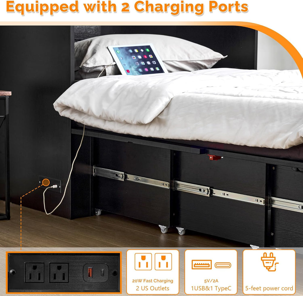 Full Murphy Bed with Storage Drawer,Smart LED Lighting,Built-in 2 Charging Stations, Space-Saving Cabinet Bed for