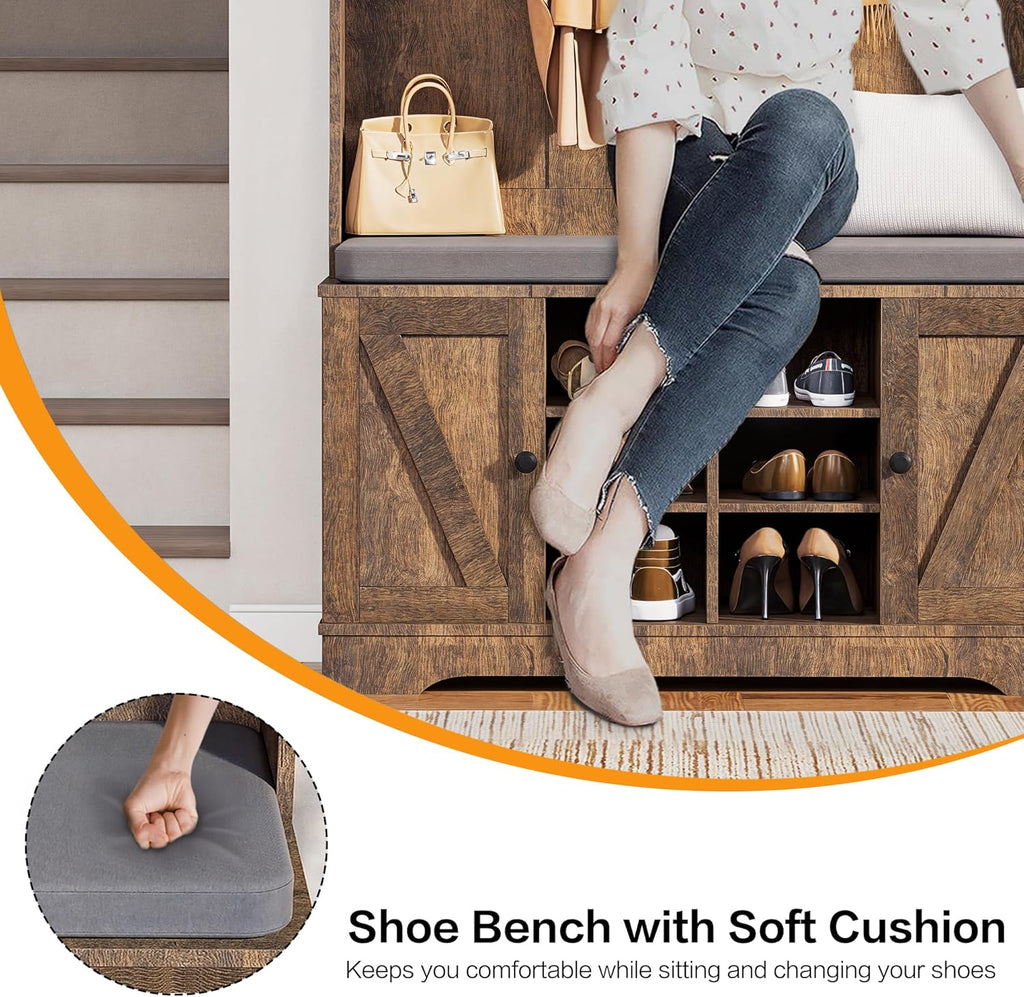 71" Hall Tree with Bench and Shoe Storage, Entryway Hall Tree with 2 Doors and 6 Adjustable Shelves, Cushioned