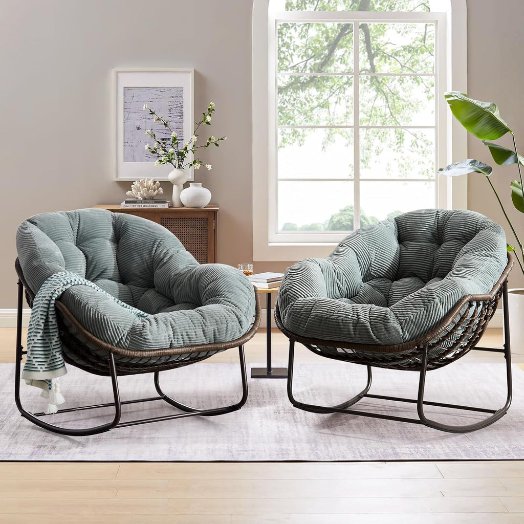 Large Indoor Rocking Chair, Oversized Rocking Papasan Chair with Thick Cushion and Frame,Comfy Corduroy Rocker Wicker