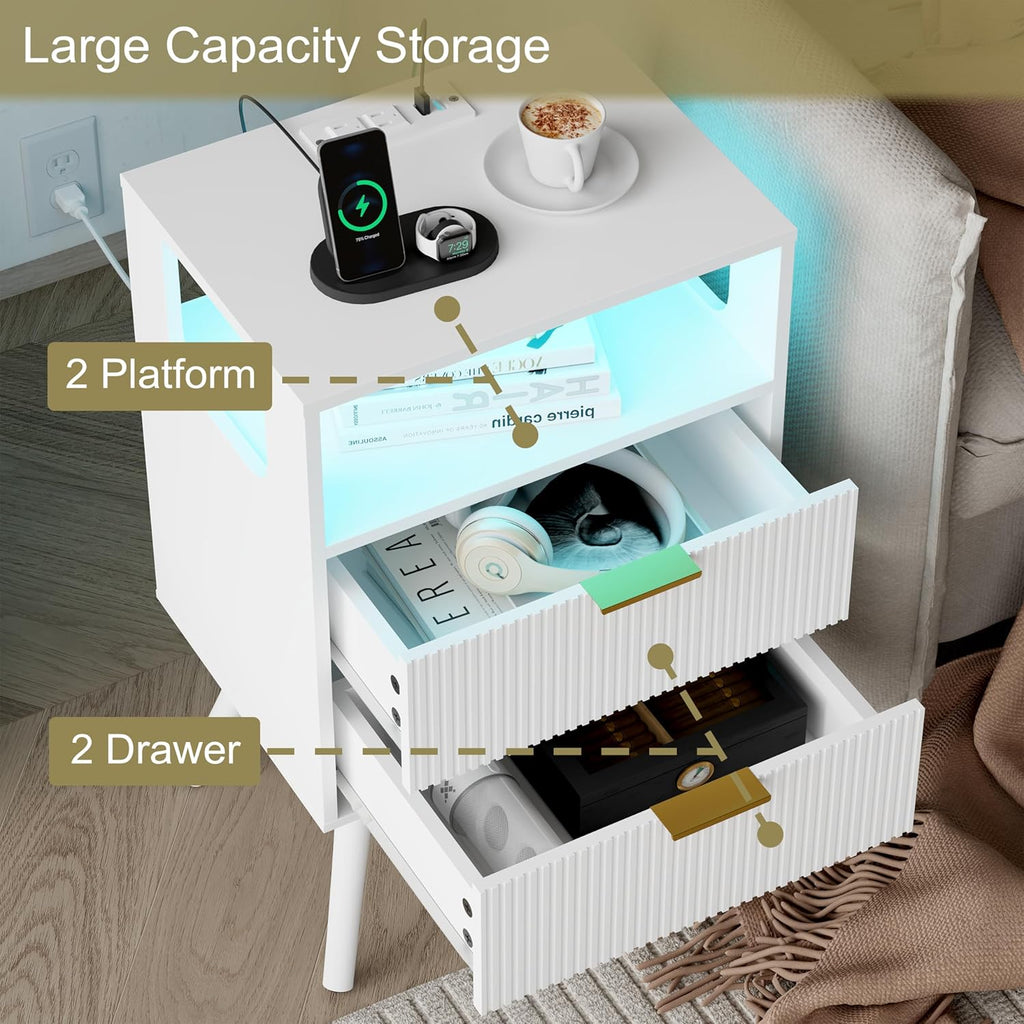 White Nightstand with Charging Station and LED Lights,Modern Bedside Table with 2 Storage Drawer and Open Wood Shelf