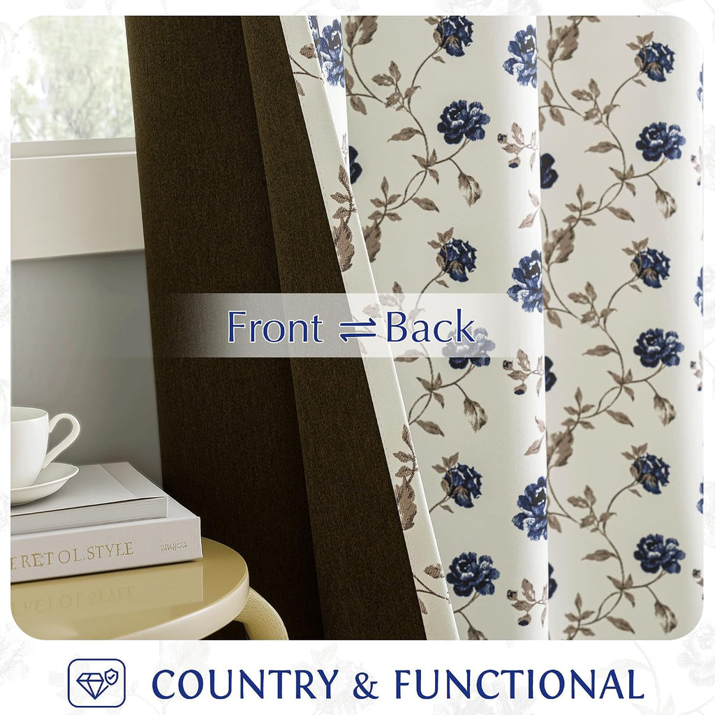 Floral 100% Blackout Curtains Blue Brown 52x96 2 Panels