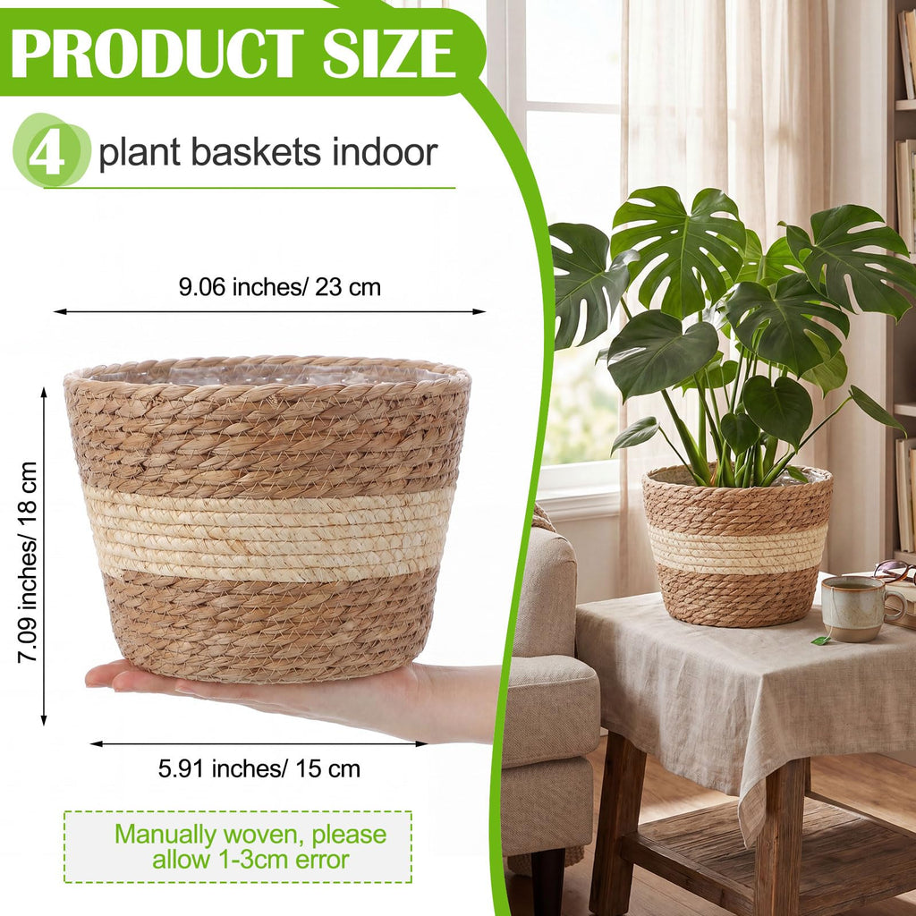 4 Pcs Straw Plant Baskets Indoor Rattan Woven Flower Baskets with Plastic Liner, Cattail Plant Planter for Indoor