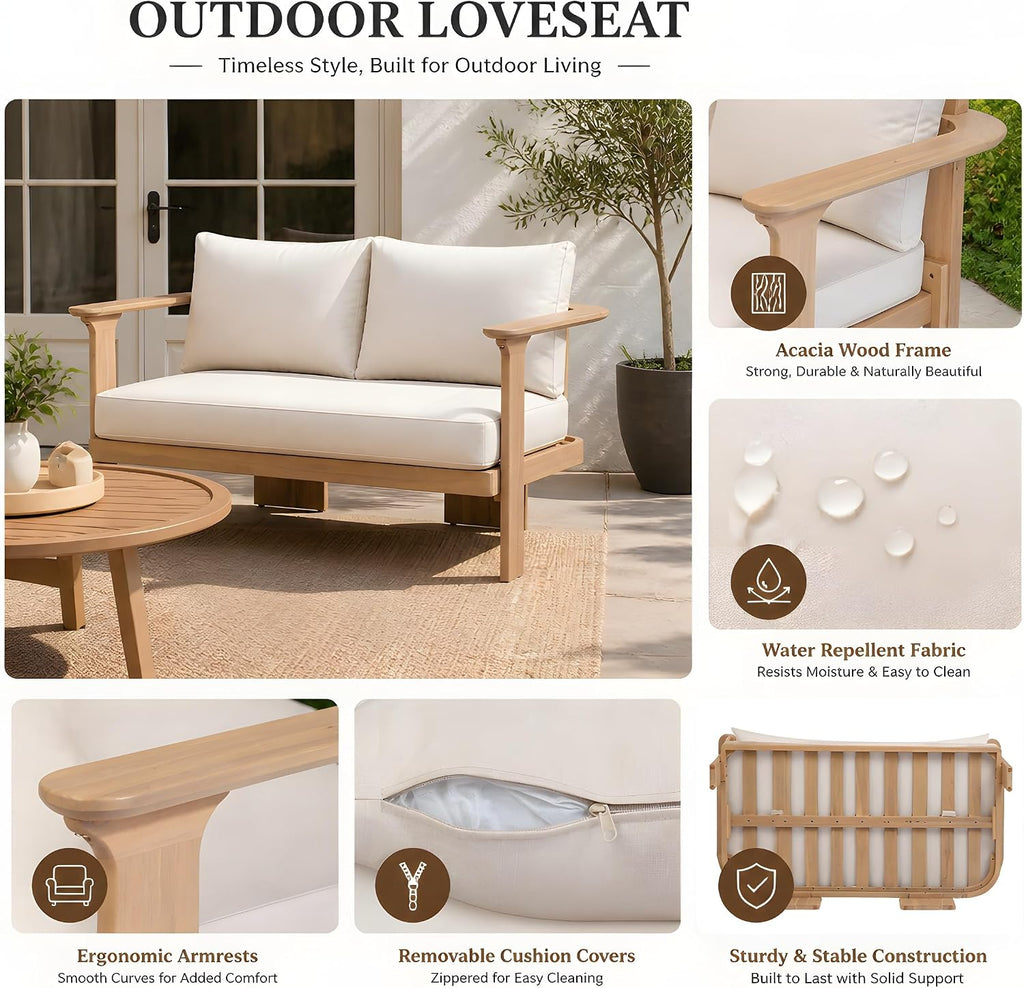 Kera 4-Seater Patio Furniture Set with Removable Cushion, 4 Piece Outdoor Acacia Wood Conversation Set, Sold Wood