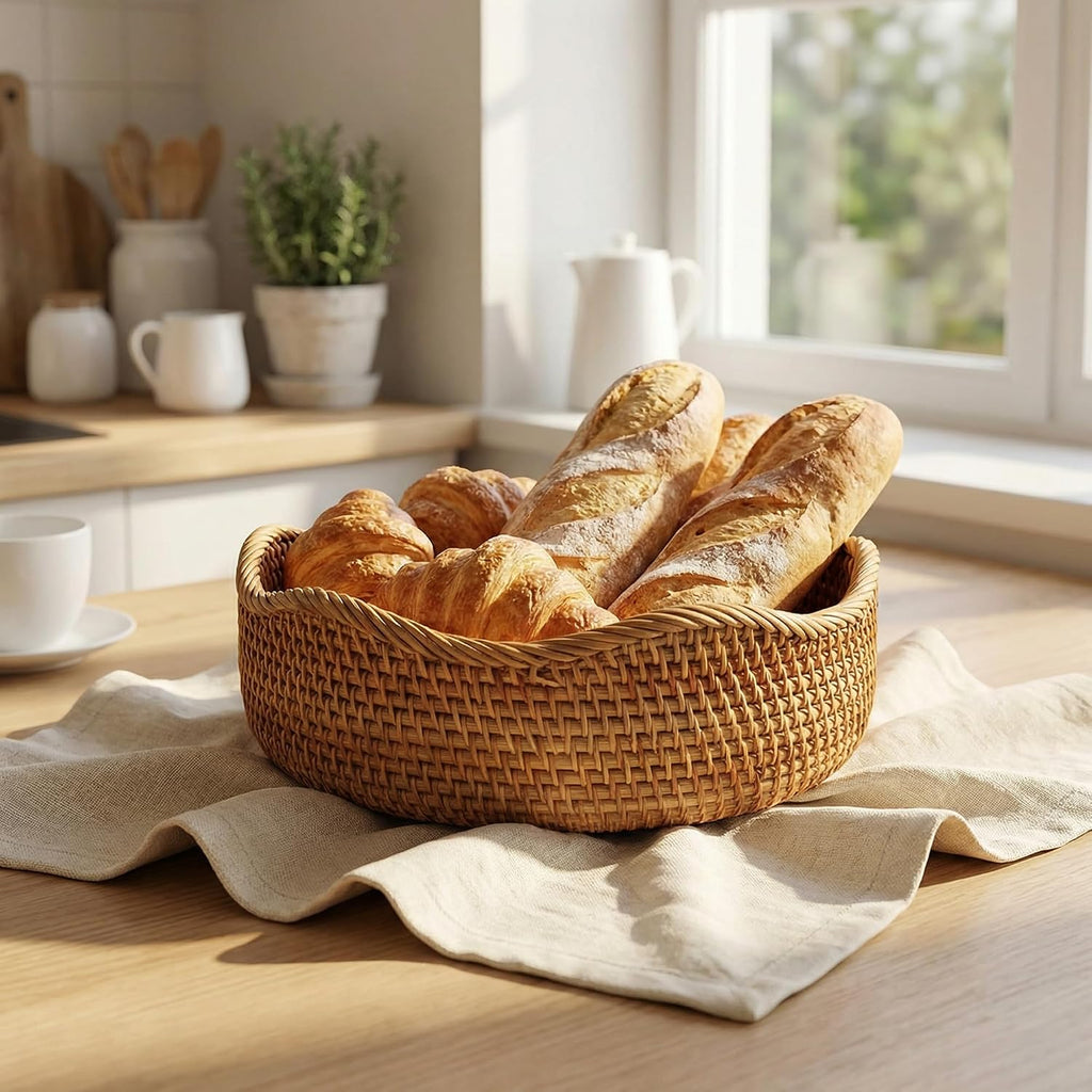 Rattan Bread Basket, Round Fruit Baskets, Wicker Storage Bowls, Natural Woven Serving Basket Bowls, Decorative