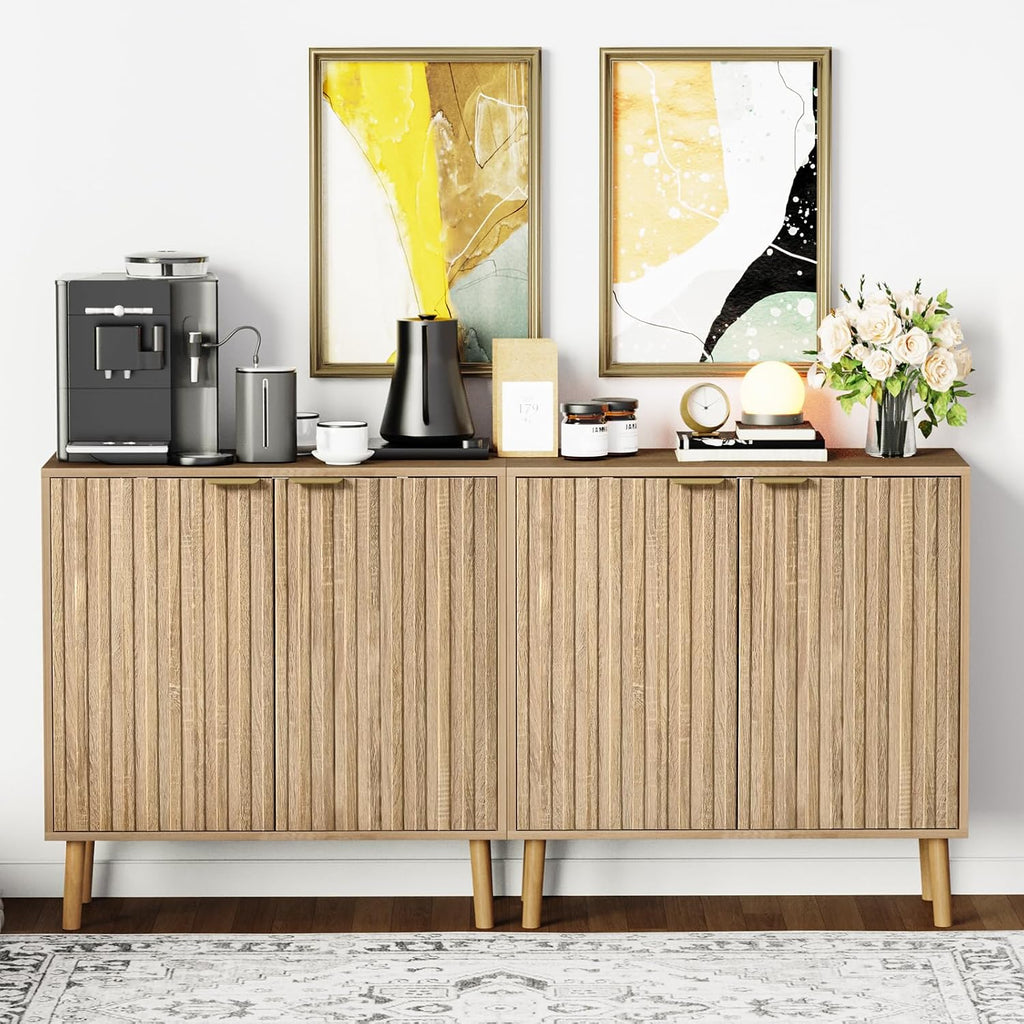 Fluted Storage Cabinet, Free Standing Buffet, Wood Sideboard, Multifunctional Accent Storage (1, Oak)