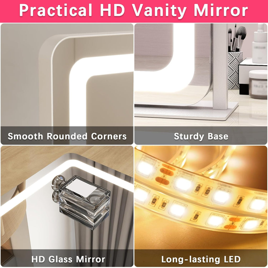 Large Vanity Mirror with Lights, 22"x17" Lighted Makeup Mirror for Desk, 3 Color Dimmable LED Lights, Smart Touch