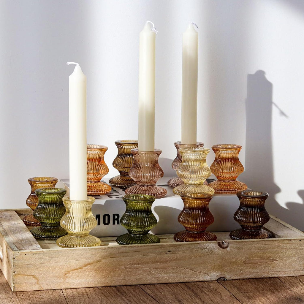 Glass Candlestick Holders 12PCS Taper Candle Holders for Table Centerpiece Vintage Colorful Candle Sticks for