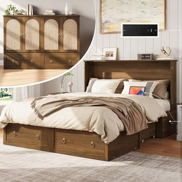 Queen Murphy Bed with Charging Station - Rattan Queen Bed Frame with Storage Drawers, Wood Cabinet Beds for Guest