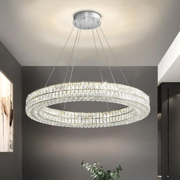 Led Ring Crystal Chandelier, Modern Dimmable Chandeliers Lighting and Hanging Adjustable, LED Round Ceiling Light for Dining Room Living Room 24" Silver