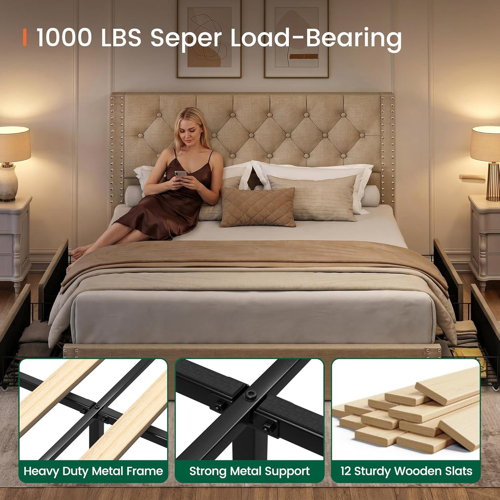 Queen Bed Frame with 4 Storage Drawers and Tufted Headboard Linen Upholstered Platform Bed Frame with Heavy Duty Wood