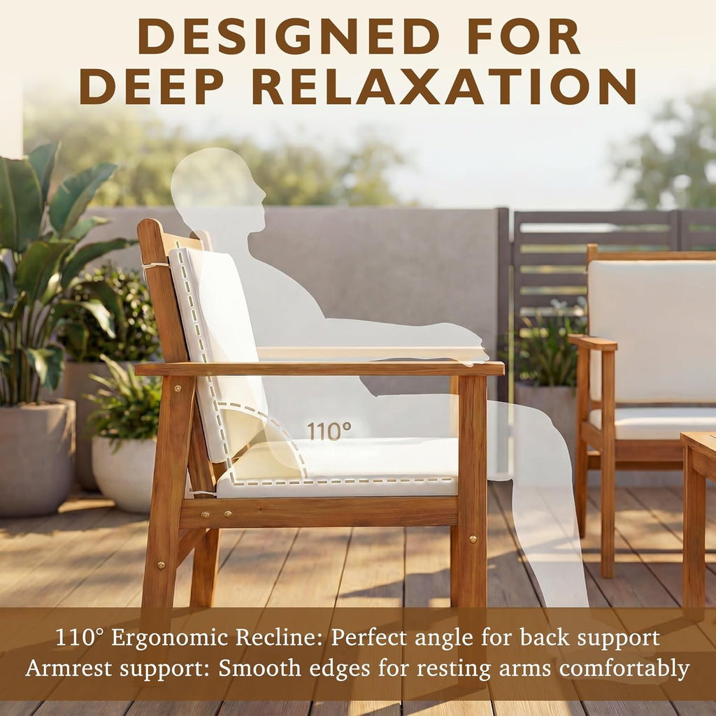 Patio Furniture 4 Piece Acacia Wood Outdoor Conversation Sofa Set with Table & Cushions Porch Chairs for Garden, Deck