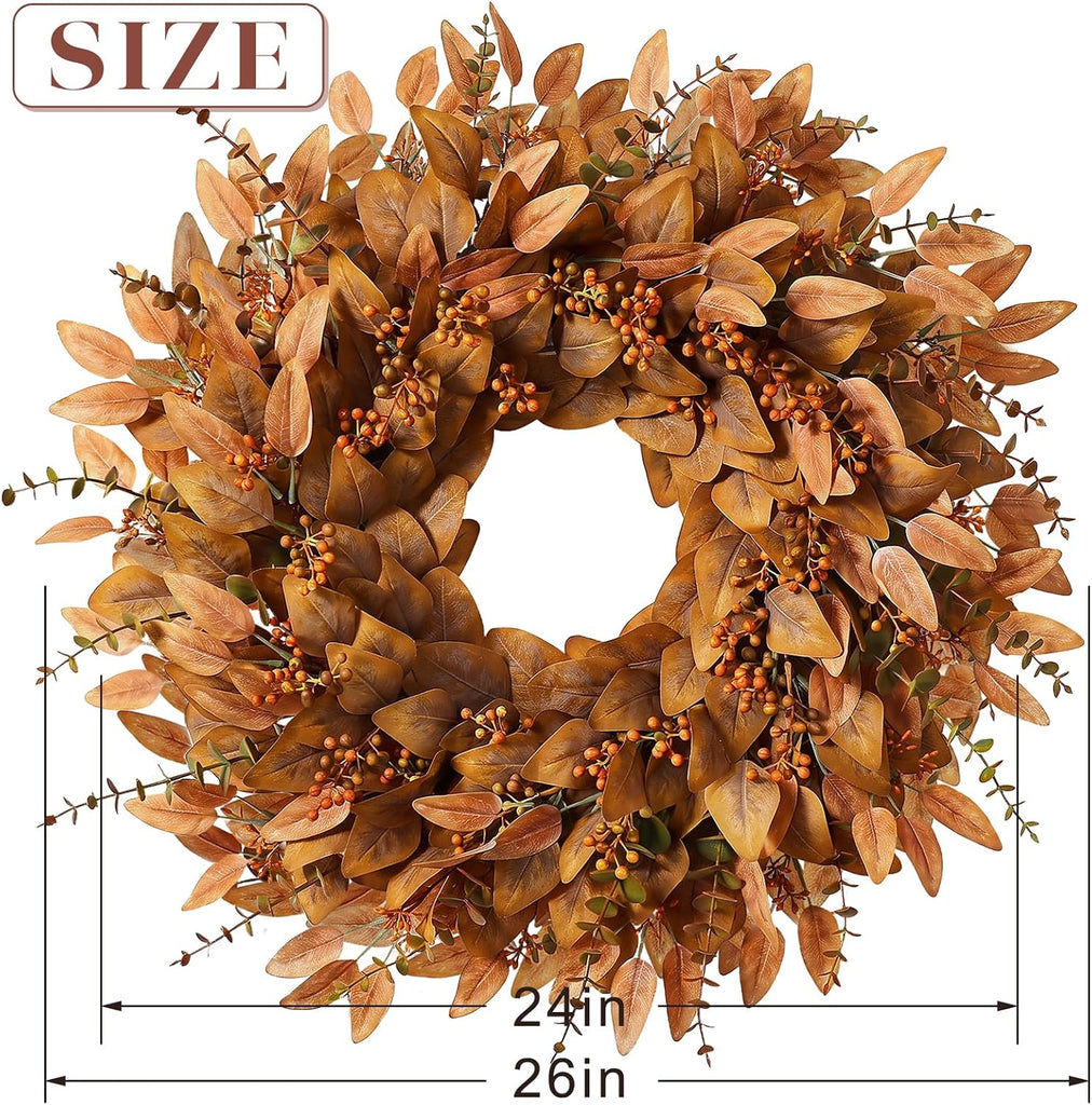 26" Fake Fall Eucalyptus Wreath with Berry for Front Door Decor(Orange)