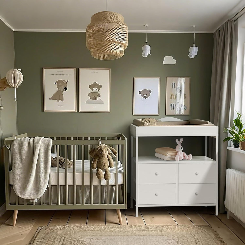 Changing Table Dresser with 4 Fabric Drawers and Open Shelf, Baby Dresser with Changing Table Top Diaper Changing