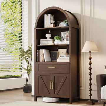 70.8" Tall Arched Bookcase 5-Tier Pantry Cabinet with Doors, Walnut | Tall wooden cabinet with five shelves, doors