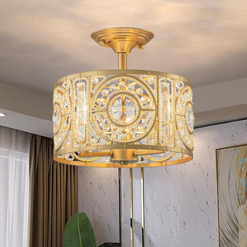 Semi Flush Mount Chandelier for Dining Room, 3-Lights Vintage Crystal Round Chandelier, Gold Retro Semi-Flush Mount