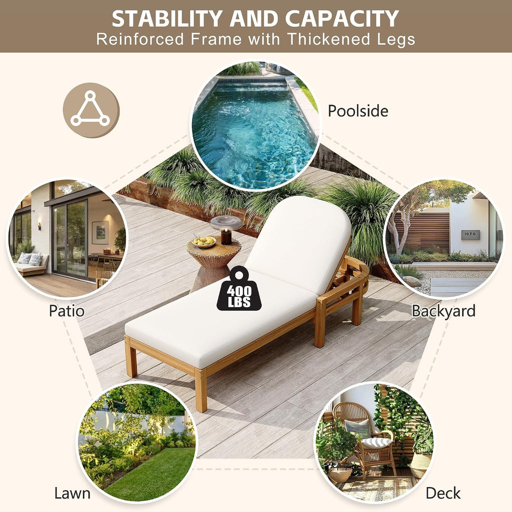 Acacia Wood Outdoor Chaise Lounge Set of 2, 5-Position Adjustable Patio Recliner with Arched Backrest & Thick